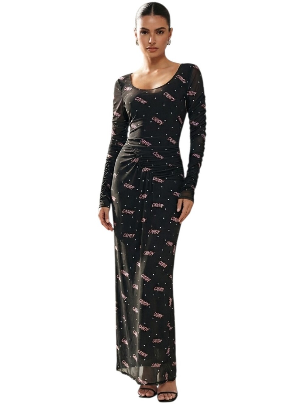 Envii Encandy Black Mesh Long Sleeve Maxi Dress Pink Candy Print Ruched Size M